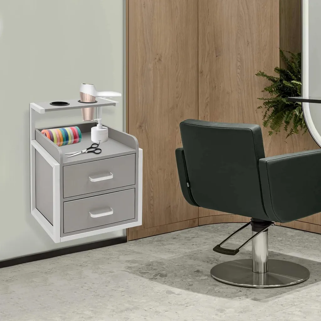 Armoire murale de salon à 2 tiroirs pour matériel de coiffure - Gris