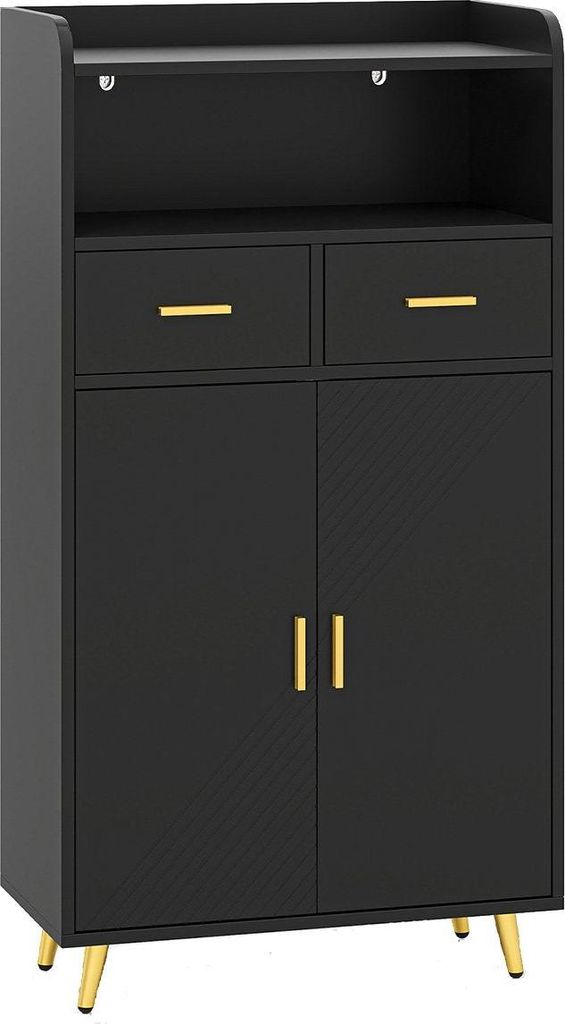 Schwarzer Küchenschrank mit Doppeltüren, 2 Schubladen, verstellbarem Regal