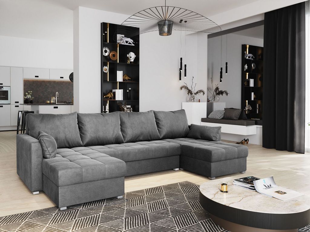 Masseno Ecksofa NAKO M mit Schlaffunktion U-Form, Sofa mit Bettkasten, Wohnzimmersofa, Couch, Soffa, Bettsofa, Couchgarnitur- Grau, MONOLITH 85