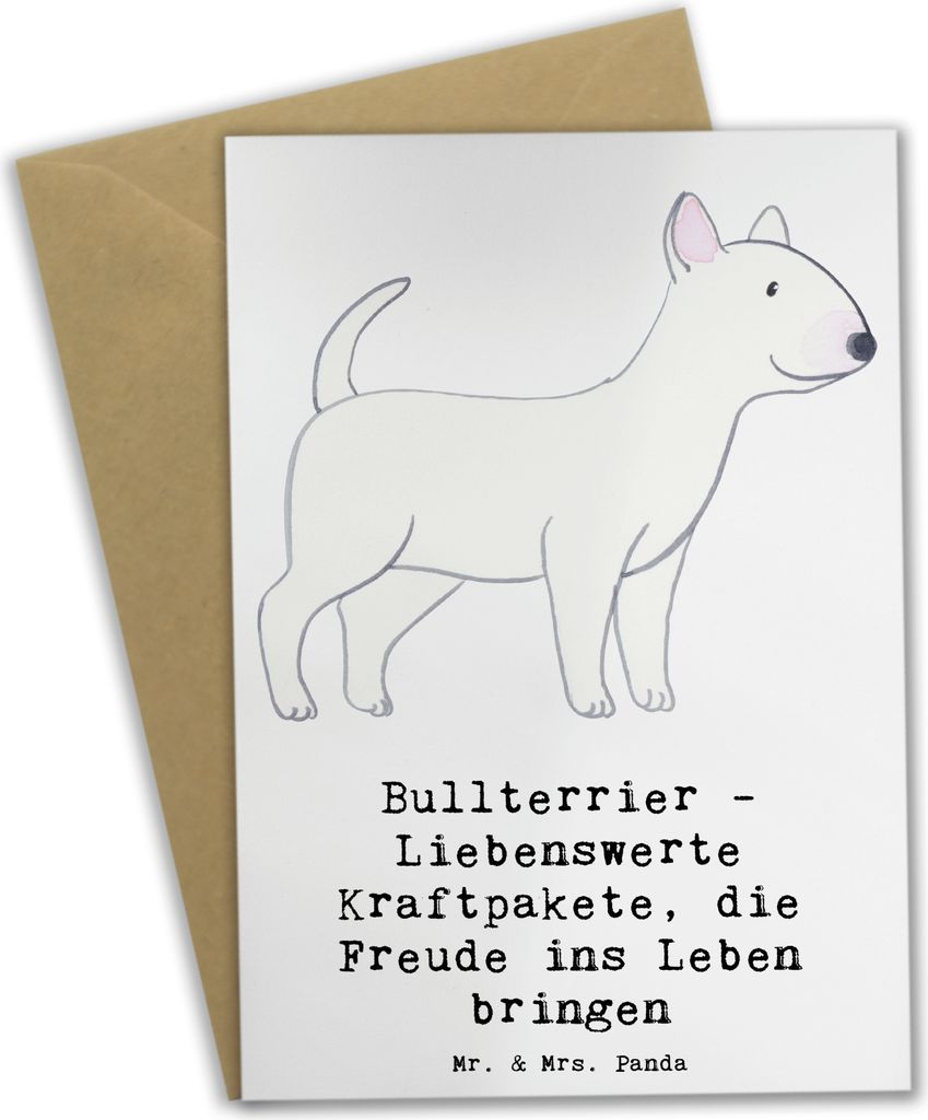 Mr. & Mrs. Panda Grußkarte Bullterrier Kraftpaket - Weiß - Geschenk, weihnachtskarten, freundliche Hunde, einladungskarten, Hunderassen Beschreib...