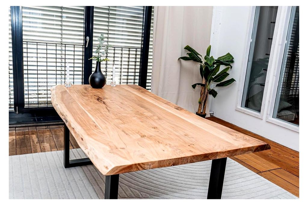 Baumkantentisch 140x80 cm – Tischplatte 3,6 cm – Massivholz Esstisch aus Akazienholz mit U-Gestell, echte Baumkante, naturfarben – Handgefert...
