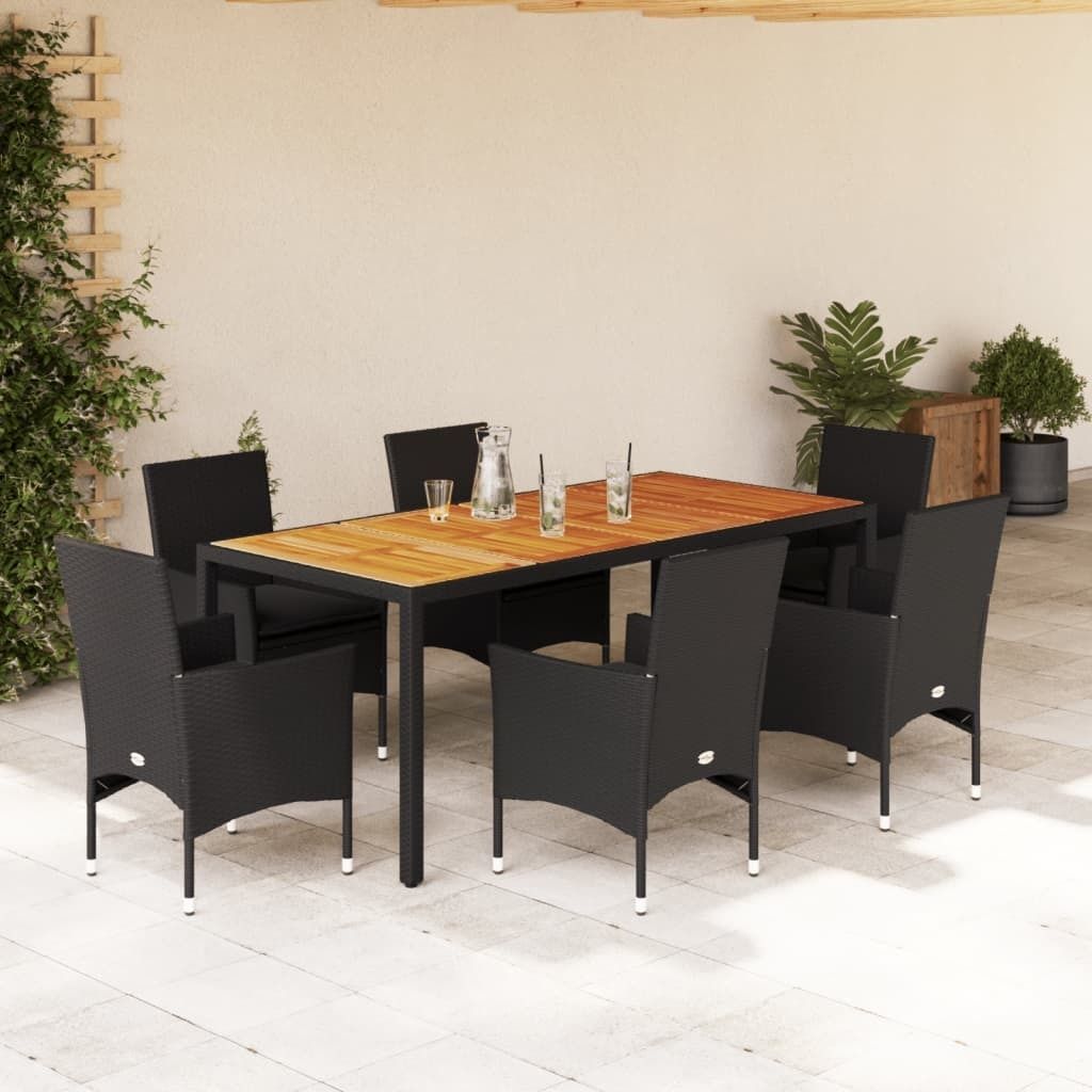 Ankonbej 7-tlg. Garten-Essgruppe mit Kissen Schwarz Poly Rattan Akazie