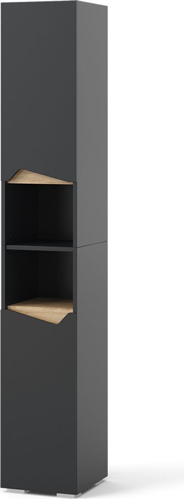 A tall, narrow cabinet with two open shelves and a wooden accent on the top and bottom shelf.