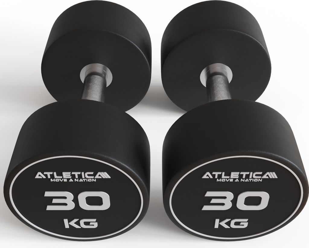 ATLETICA Polyurethan Rundhanteln Paar | 2 x 30kg | Premium Design und Qualität | Extrem robust | Geruchsfrei | Gerader Griff mit Hartchrom
