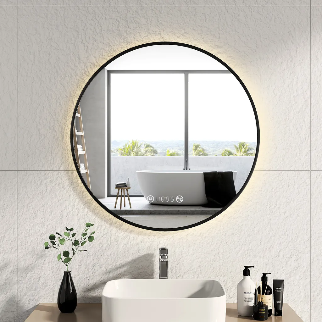 EMKE Miroir de Salle de Bain Rond à LED 70cm avec Cadre Noir et Horloge