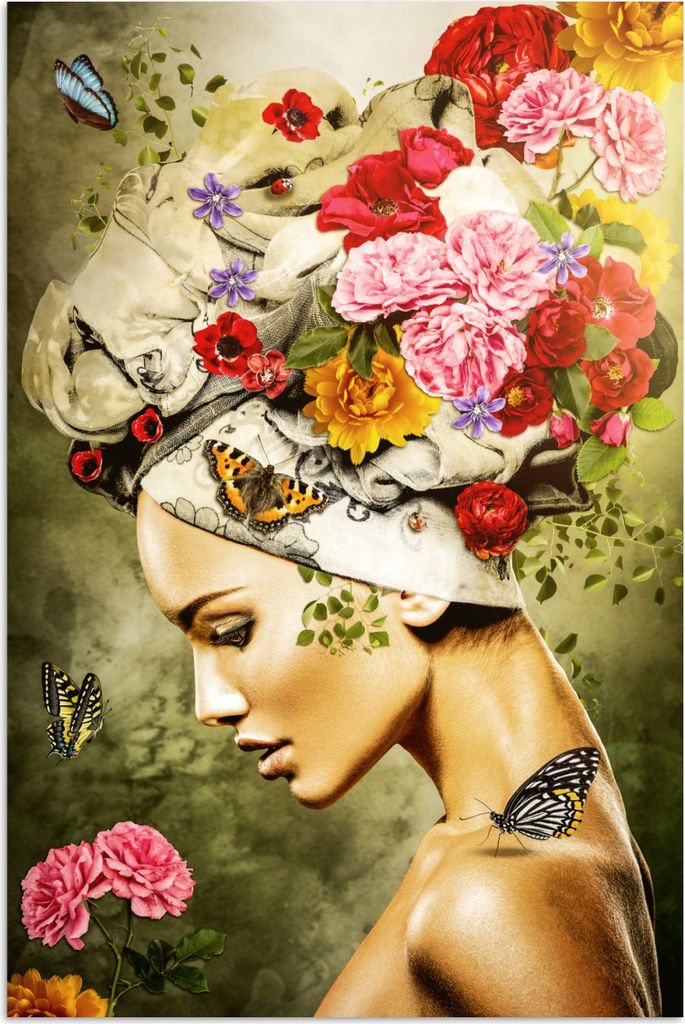MuchoWow Poster Frau - Blumen - Farben - Schmetterlinge - Rosen - Kopftuch 20x30 cm - Papierdruck