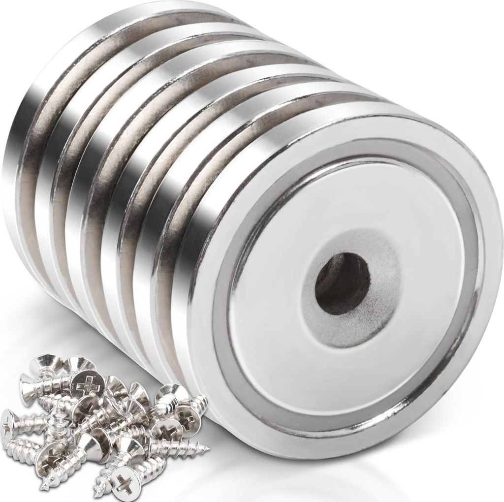 Neodym-Magnete mit Loch - Super starke Magnete 45 kg Kraft 36 x 7 mm - Für Küche und Badezimmer - Inklusive Schrauben - Neodym Topfmagnet mit ver...