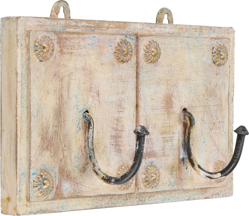 Doppel Garderobenhaken, Holz Kleiderhaken im Kolonialstil - Design 2, Mehrfarbig, Holz,Messing, 11*20*5 cm, Wandhaken aus Holz, Metall & Keramik