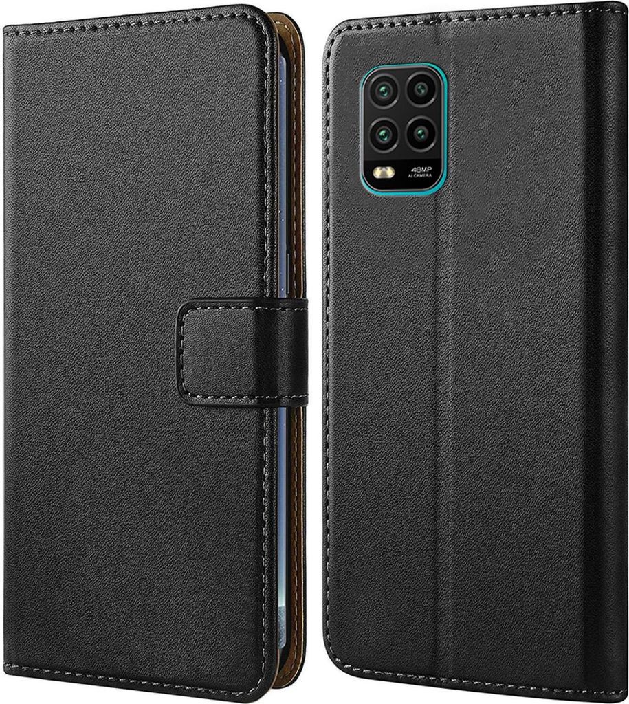 A black flip case for a smartphone is shown from the front and back.