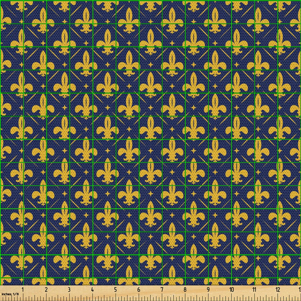 ABAKUHAUS Blau Gelb Weinlese Gewebe als Meterware, Monochromatische Muster mit Repetitive Fleur de Lis, 2 M (148 x 200 cm), Nachtblau und Gelb Erde