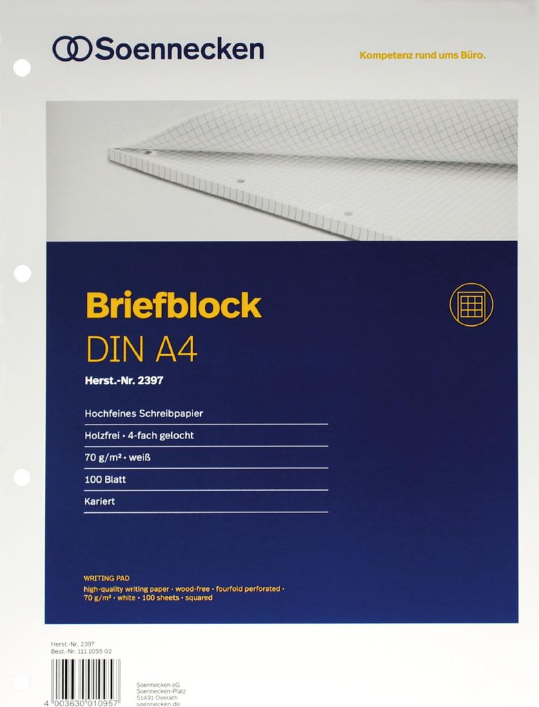 Briefblock 2397 DIN A4 4-fach gelocht kariert 100 Blatt weiß Packung mit 5 Stück