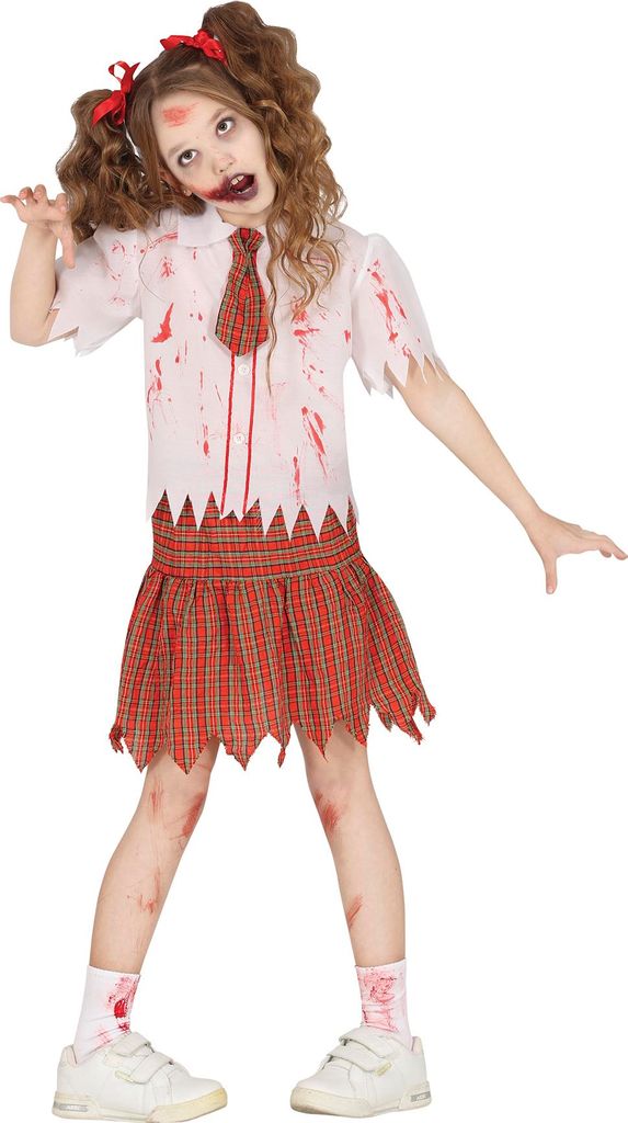 Kostüm "Zombie Schulmädchen" für Kinder | Rock, T-Shirt und Krawatte Größe: 10-12 Jahre