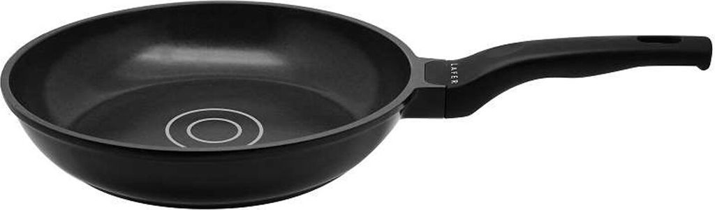 A black frying pan with a black handle is shown against a white background.