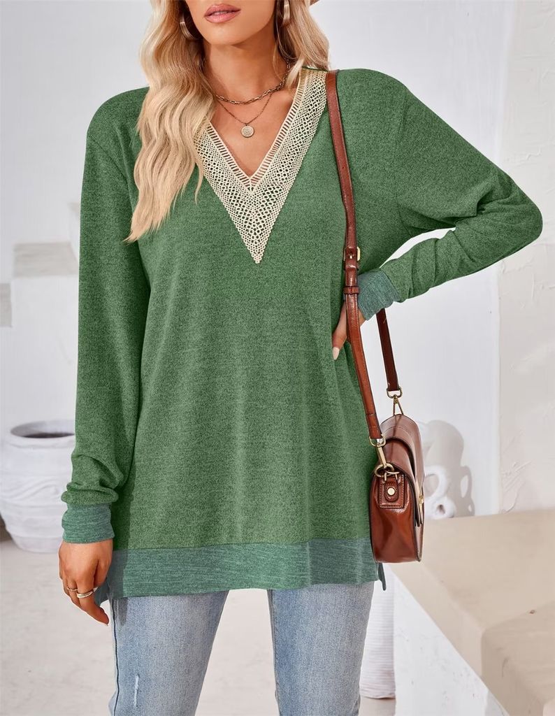 ASKSA Damen Langarm Bluse V-Ausschnitt Spitzenbesatz Elegant Lose Tunika Tops, Gruen, XXL
