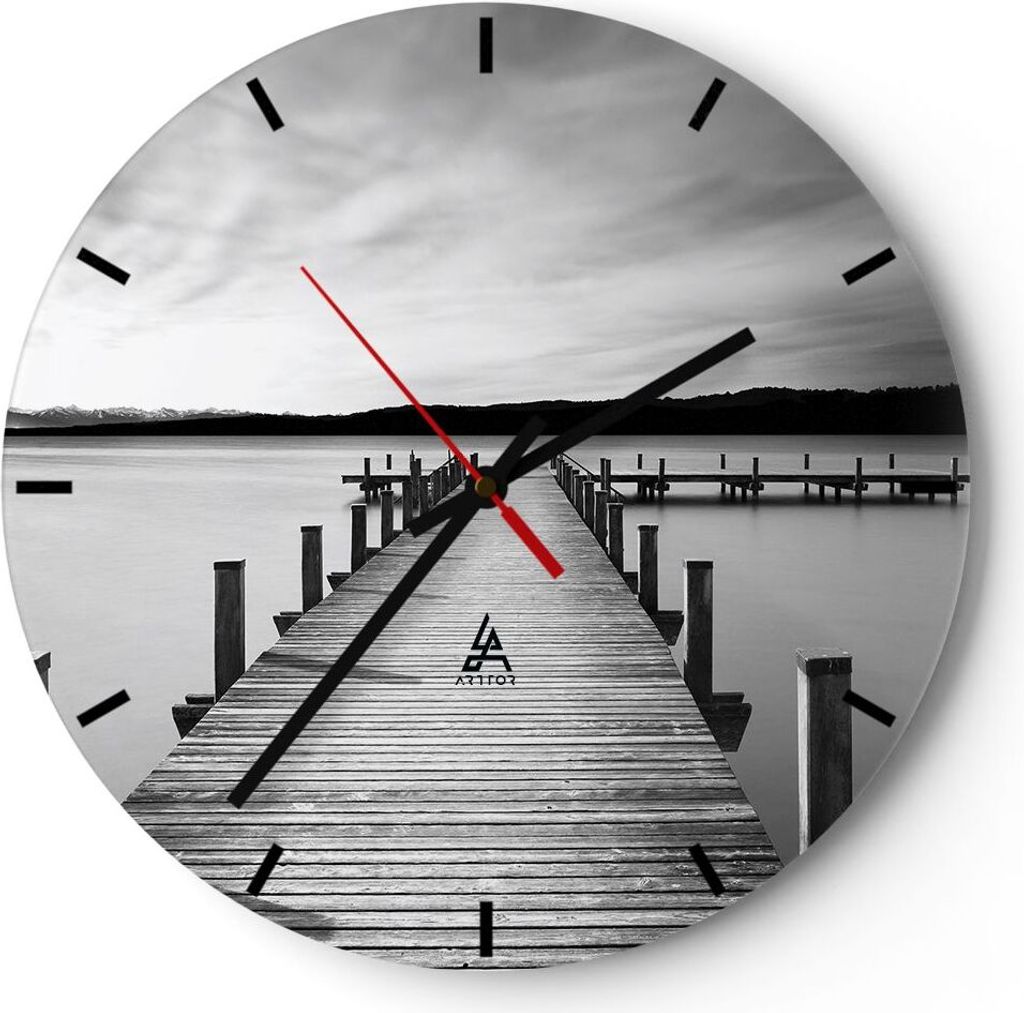 Wanduhr - Rund - Glasuhr - Brücke Frieden Wasser - 30x30cm - Schleichendes Uhrwerk - Lautlos - zum Aufhängen bereit - Dekoration Modern - Wanddek...