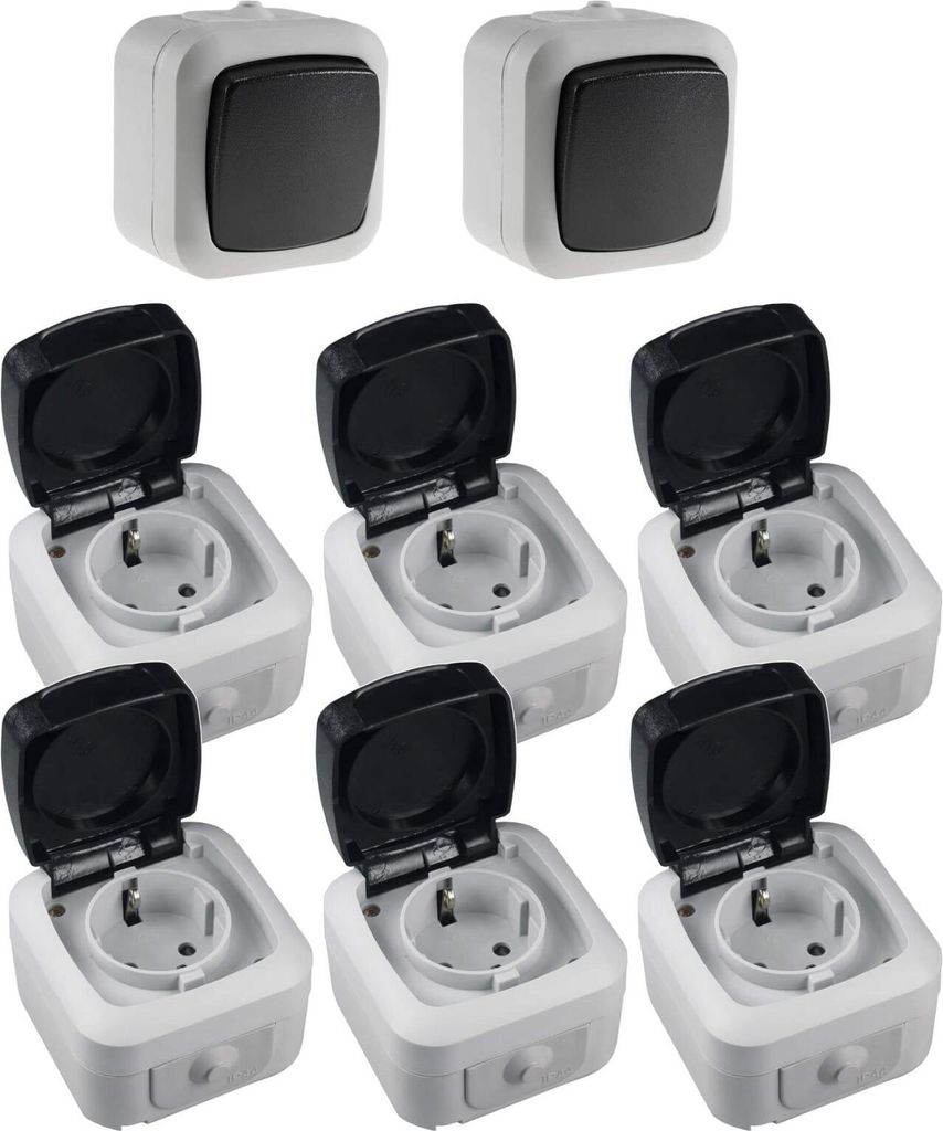Feuchtraum Wechselschalter Steckdosen IP44 250V AC Aufputz Set 8 teilig