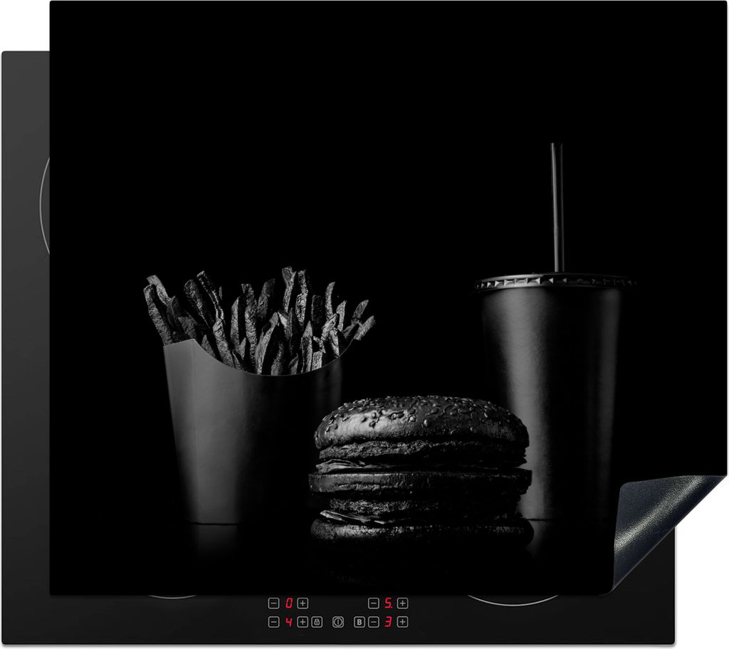 KitchenYeah Herdabdeckplatte Fastfood-Mahlzeit mit Burger und Pommes frites in Schwarz-Weiß , 59x51cm, Küche Deko, Glaskeramikfeld Herdabdeckun...