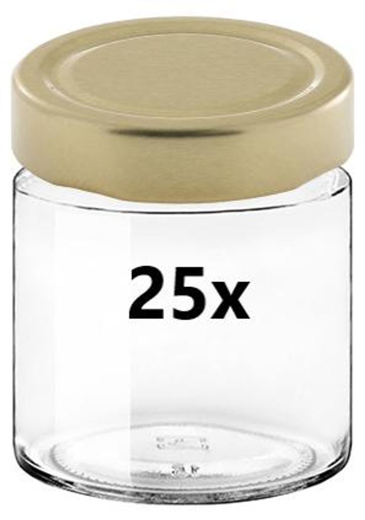 A clear glass jar with a gold lid, with the text '25x' printed on the front.