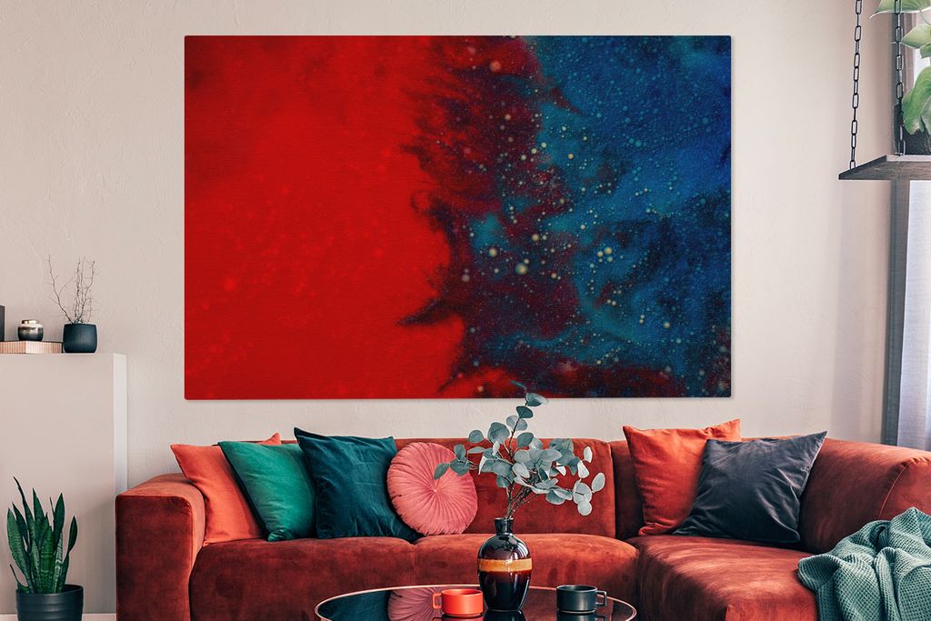 OneMillionCanvasses - Leinwandbilder - 150x100 cm, Tinte - abstrakt - rot - blau, Wandbilder Kunstdruck Wanddekoration - Foto auf Leinwand - Gem...