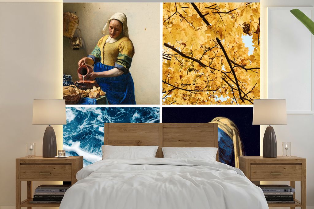 MuchoWow Fototapete für Wohnzimmer oder Schlafzimmer Wandtapete Vinyl Motivtapete Milchmädchen - Mädchen mit Perlenohrring - Collage - 350x350...