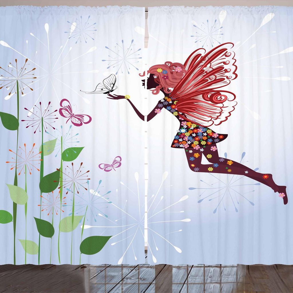 ARANDE Schmetterling Gardine, Schmetterling Winged Blume gebaut Silhouette der Fee und Löwenzahn mit hohem Stamm, 280 x 225 cm, Mehrfarbig