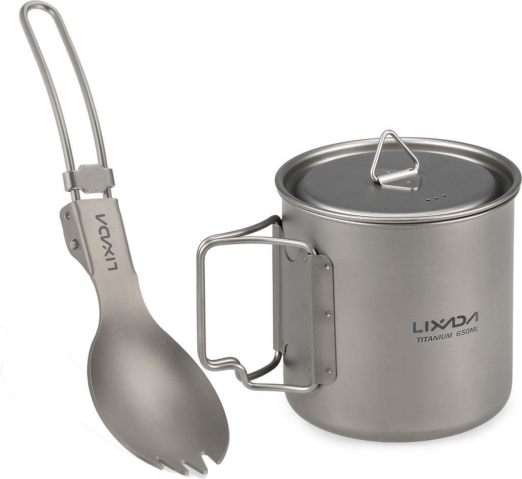 Lixada Kochgeschirr Set 300ml / 350ml / 550ml / 650ml Ultraleichter Titanbecher mit zusammenklappbarem Dinner Spork Geschirr fš¹r Camping Wanderr...