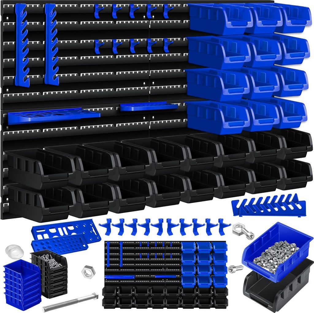 MASKO Wandregal + Stapelboxen + Werkzeughalter | 45 tlg Box | Erweiterbar | Werkstattregal Lagerregal Steckregal Set Box | Sichtlagerkästen | Kl...