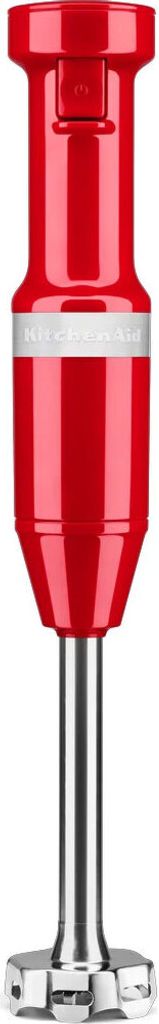A red and silver immersion blender is shown against a white background.