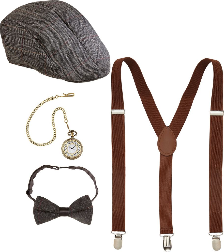 A collection of vintage-style accessories, including a flat cap, pocket watch with chain, bow tie, and suspenders, laid out against a white background.