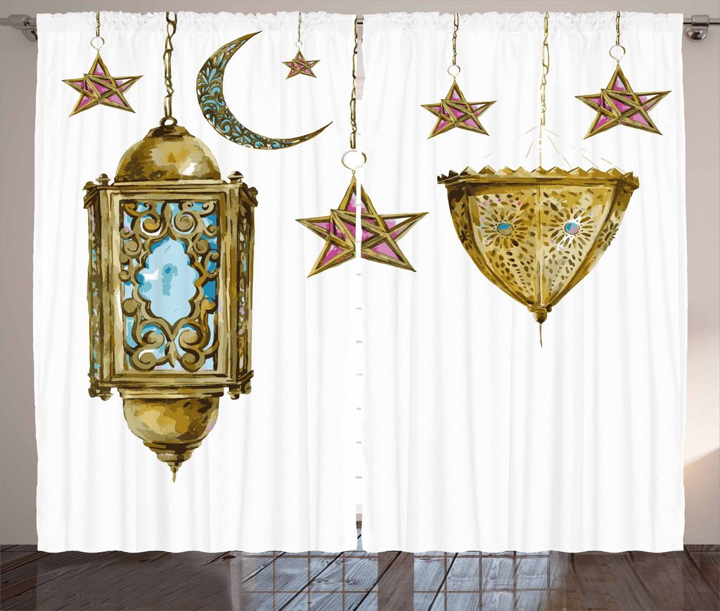 ABAKUHAUS Laterne Rustikaler Gardine, Aquarell Mond Sterne, Schlafzimmer Kräuselband Vorhang mit Schlaufen und Haken, 280 x 225 cm, Ringelblume Ro...
