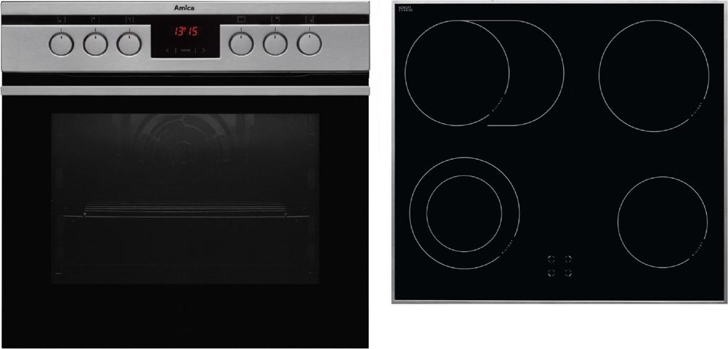 A split image showing the front of an oven and a ceramic hob.