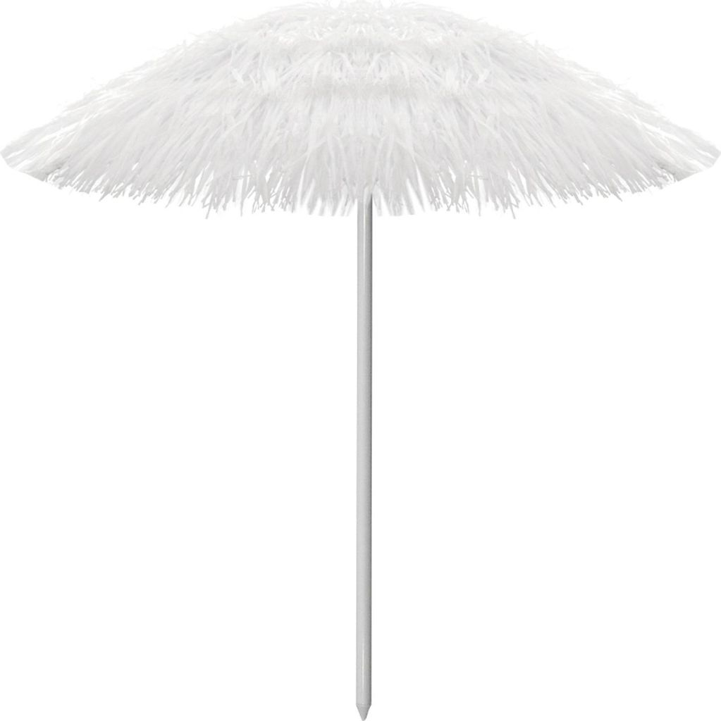 A white beach umbrella with a fringed canopy and a thin pole.