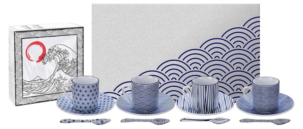 Espresso-Set Nippon Blue blau-weiß, 12-teilig, 4 Espresso-Tassen mit Untertassen und Löffeln, asiatisches Porzellan, japanisches Design, inklusiv...