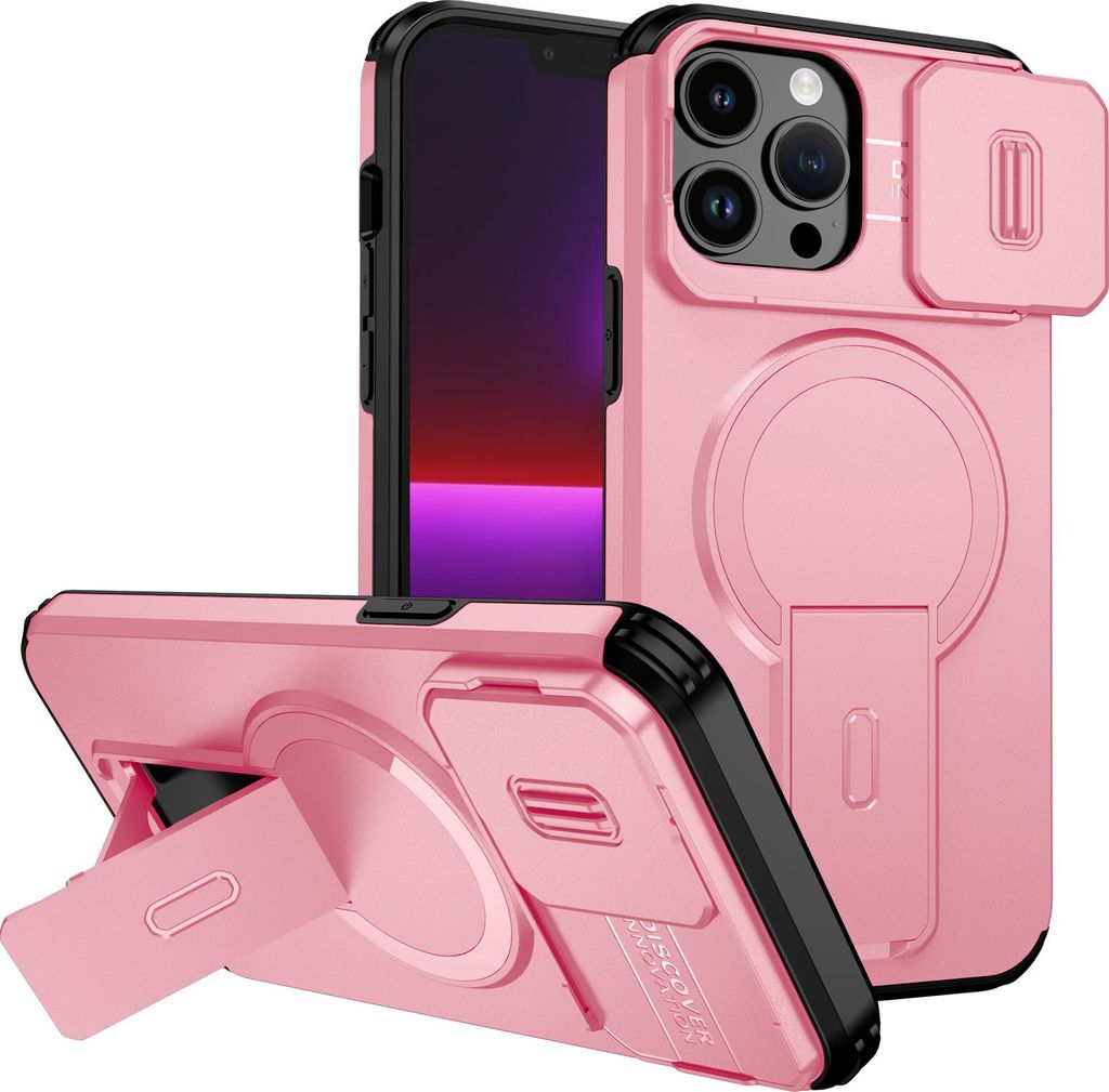 Magnetisch Hülle für iPhone 13 Pro Max, Dual Layer Stoßfest Handyhülle mit Dia Kameraschutz, Verstellbarem Ständer Pink