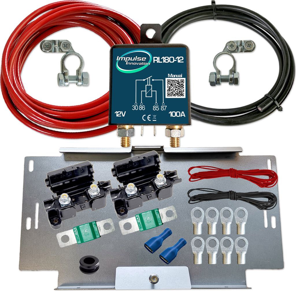 Zweitbatterieset | RL180-12 ECO | Trennrelais 12V 120A | 6m AWG8 Kabel | Batteriehalter VW T4-6