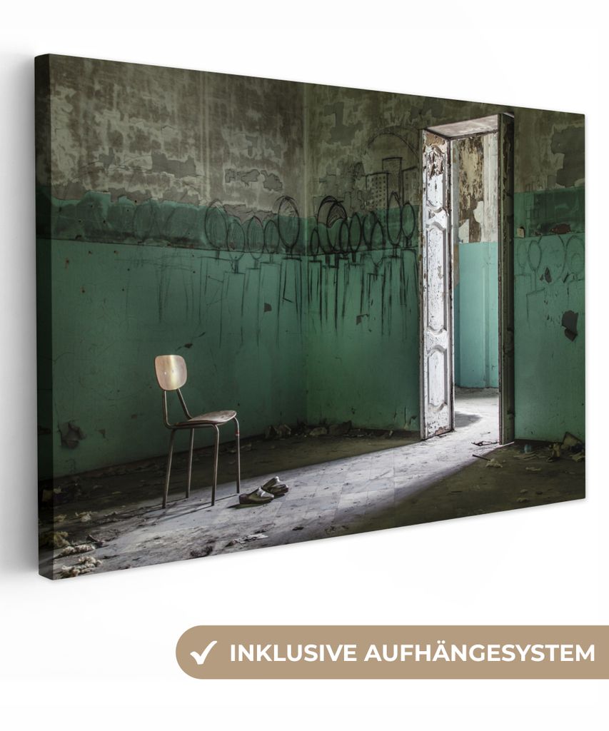 OneMillionCanvasses - Leinwandbilder - 150x100 cm, Stuhl - Stein - Tür - Architektur, Wandbilder Kunstdruck Wanddekoration - Foto auf Leinwand -...