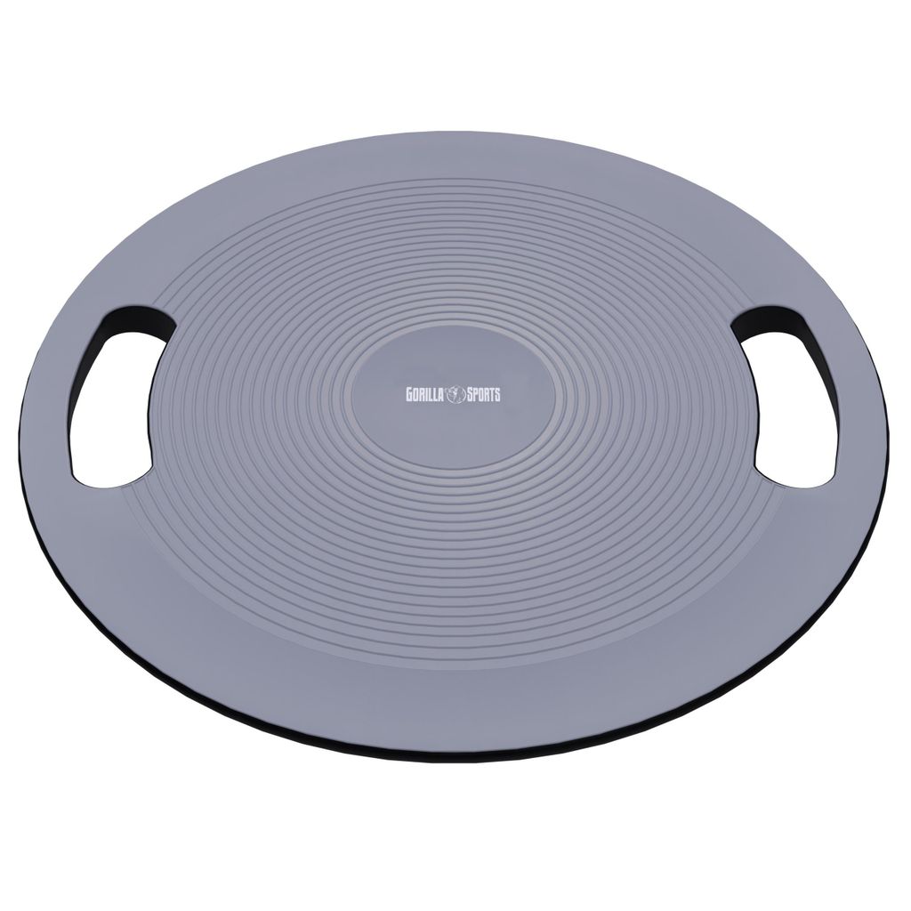 A gray balance board with handles is shown on a white background.