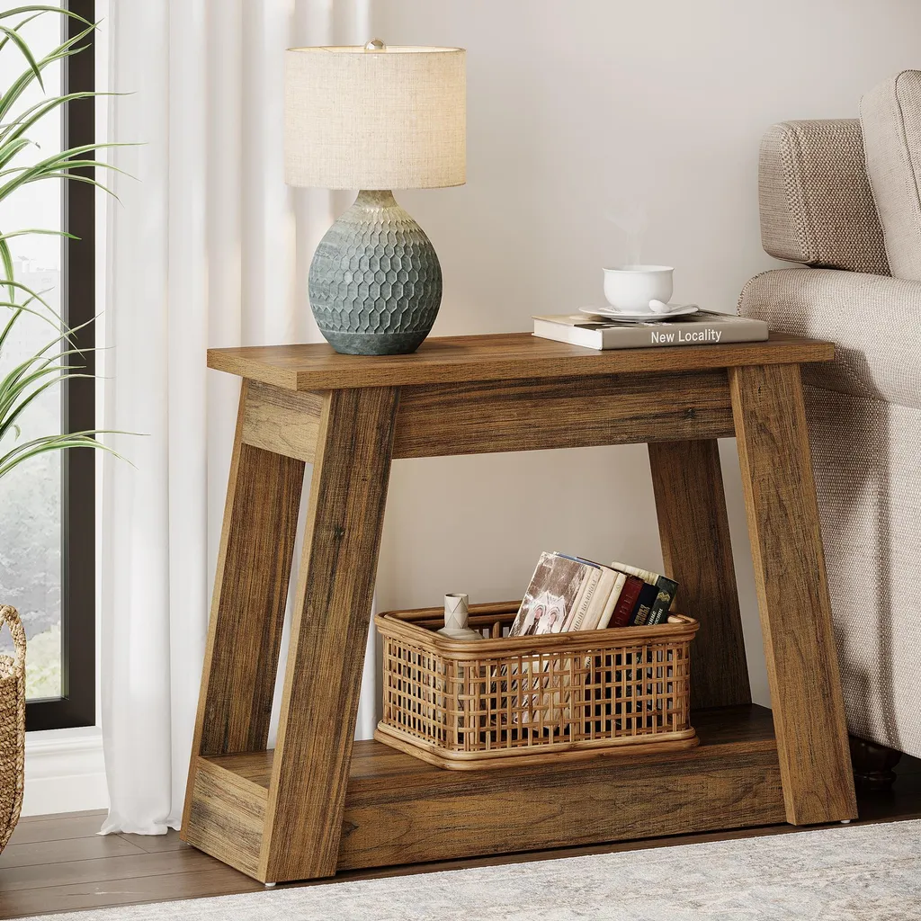 Table d'appoint rustique à 2 niveaux en bois robuste pour petit espace