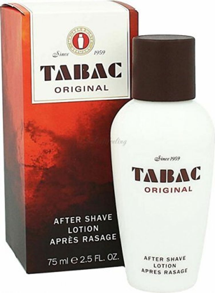 A bottle of Tabac Original After Shave Lotion next to its packaging.