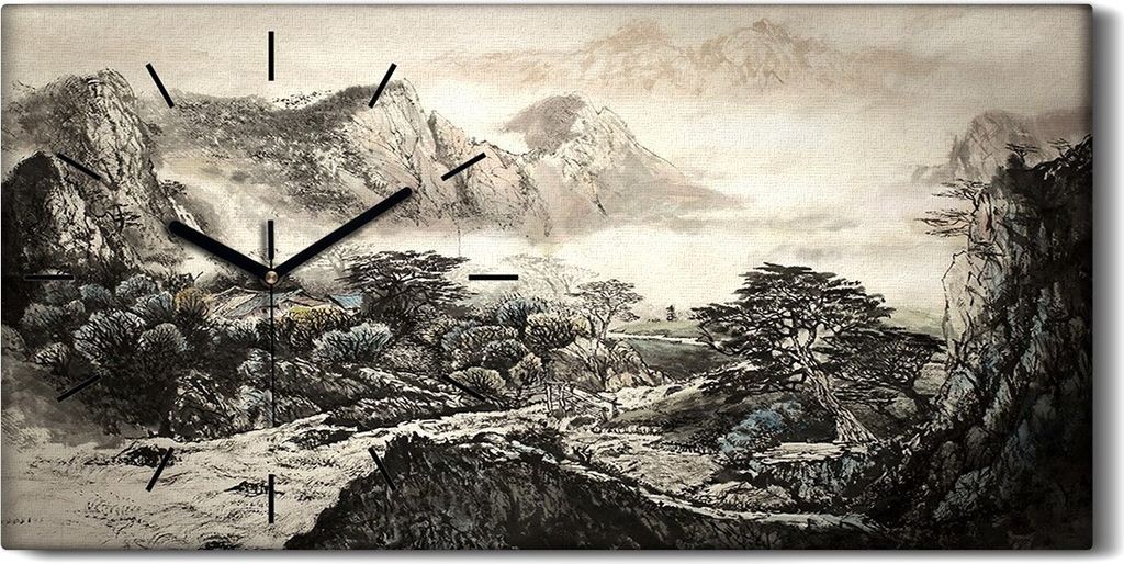 Dekor Leinwand Uhr Wandbilder Geräuschlos 60x30 Berge Chinesische Bäume Kunst - schwarze Hände