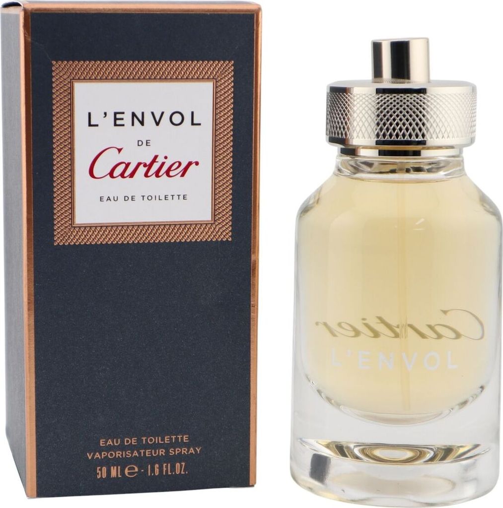 Cartier L’Envol Eau de Toilette mit zylindrischem Glasflakon und goldener Verschlusskappe, daneben schwarze Verpackung mit Kupferrahmen.