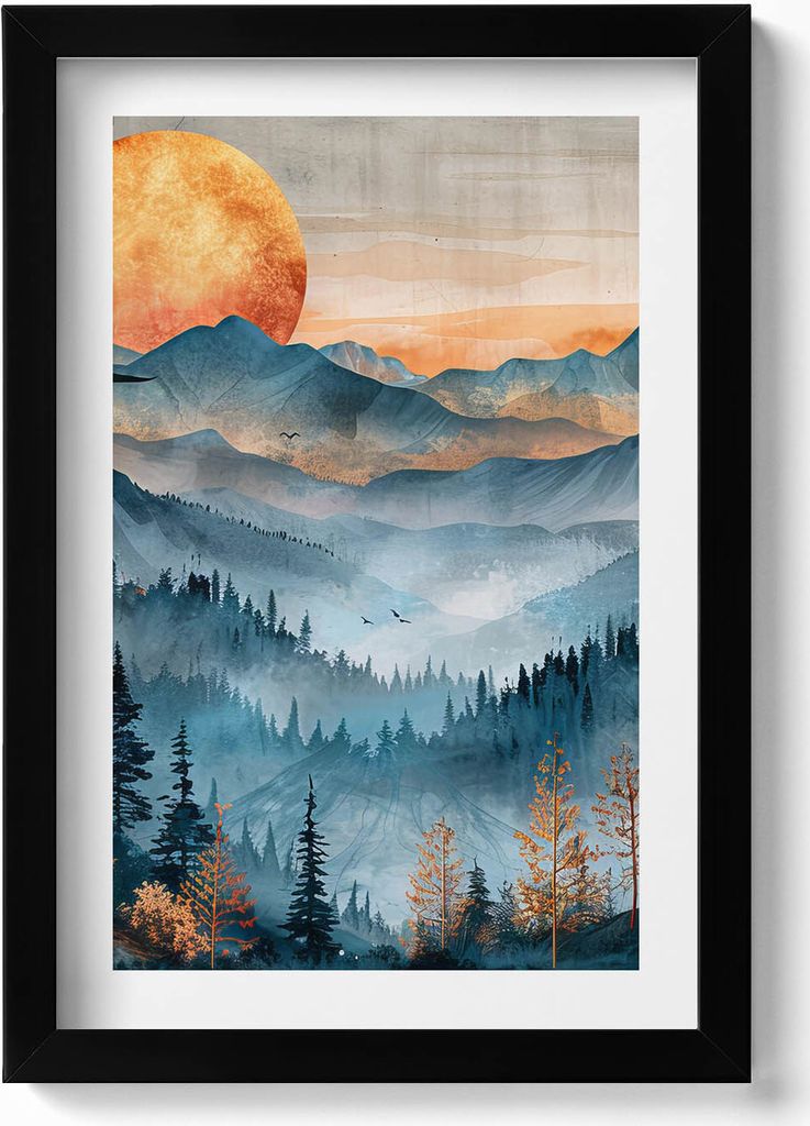 Abstrakte Landschaft der Sonne über den Bergen und Wäldern– Wandbild mit Rahmen – Gerahmtes Bild – Wanddekoration – 20x30 cm – Schwarz