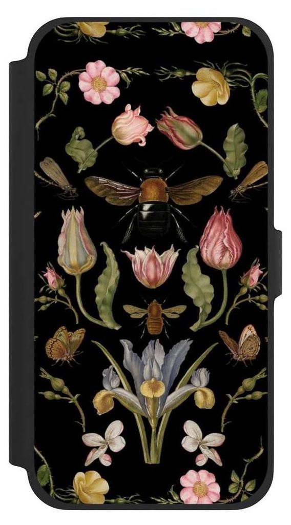 NIVOCASE Klapphülle für Apple iPhone 13 Pro Max Handyhülle aus Kunst Leder NIVOflip schwarz Biene Blumenkranz Blüte