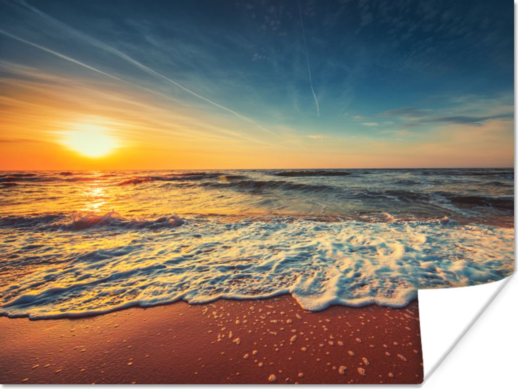 MuchoWow Poster Strand - Meer - Sonnenuntergang - Gold 80x60 cm - Kunst für zu Hause