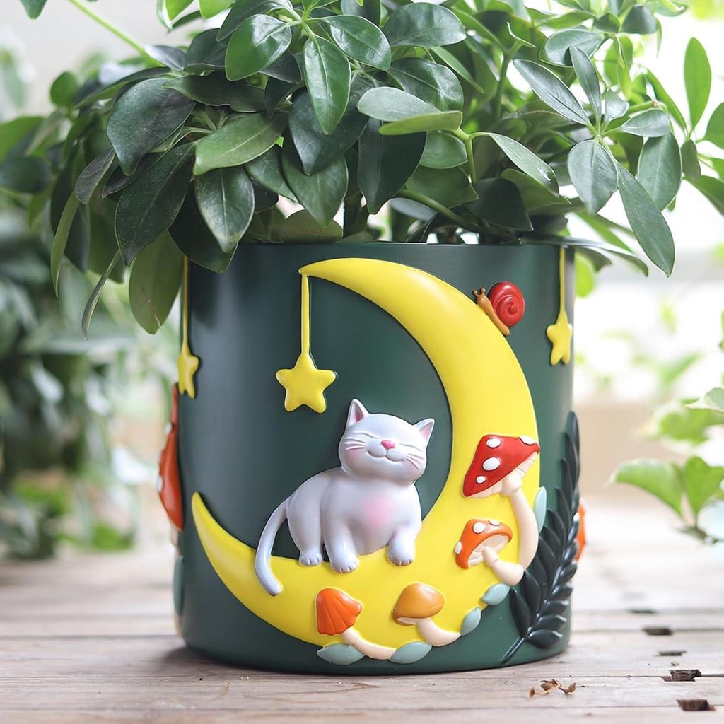 Schattige Blumentopf mit Maankatzenmotiv - Regenbogenpflanzenpot mit Drainage
