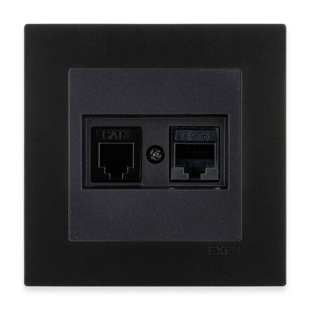 RJ45-Computerbuchse Kat. 6 + Telefonbuchse, schwarz + Rahmen, schwarz metallic, EXEN