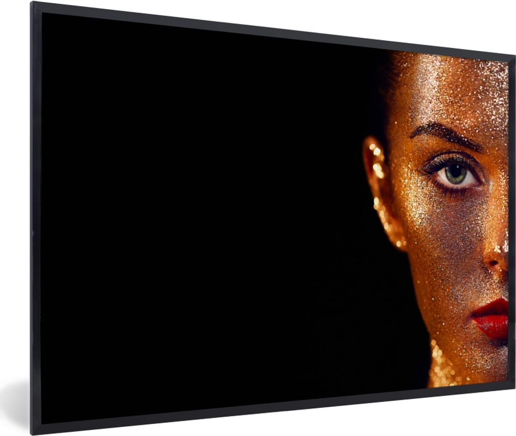 MuchoWow Gerahmtes Poster Make-up - Gold - Frau - Luxus - Glitzer - Kunst 90x60 cm - Poster mit Schwarzem Bilderrahmen Wandposter Rahmen Foto Bil...