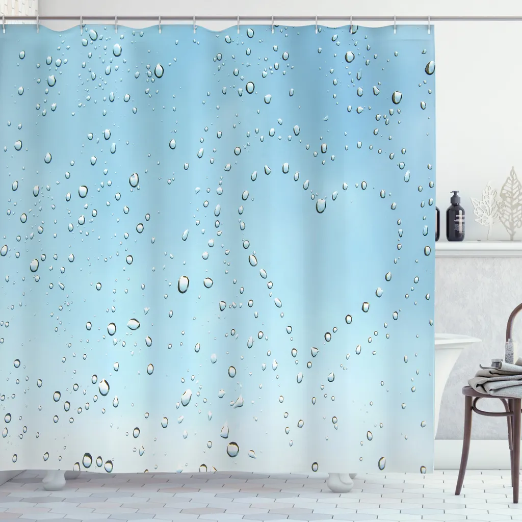 Tenda Doccia 175x240 ABAKUHAUS Blu Cuore Gocce - Antimuffa e Opaca