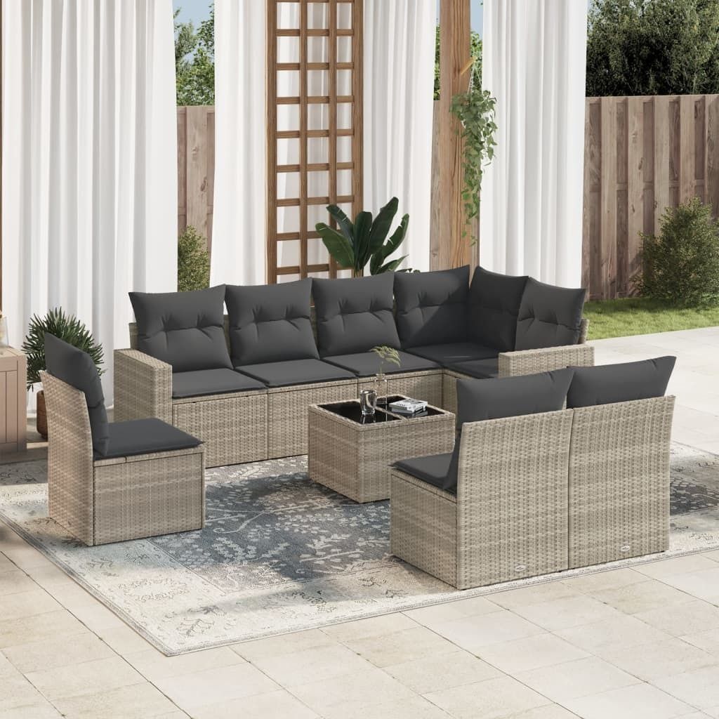 "Rabatt" 9-tlg. Garten-Sofagarnitur - mit sofa - mit Kissen Hellgrau Poly Rattan - Lounge-Dining set CC9714