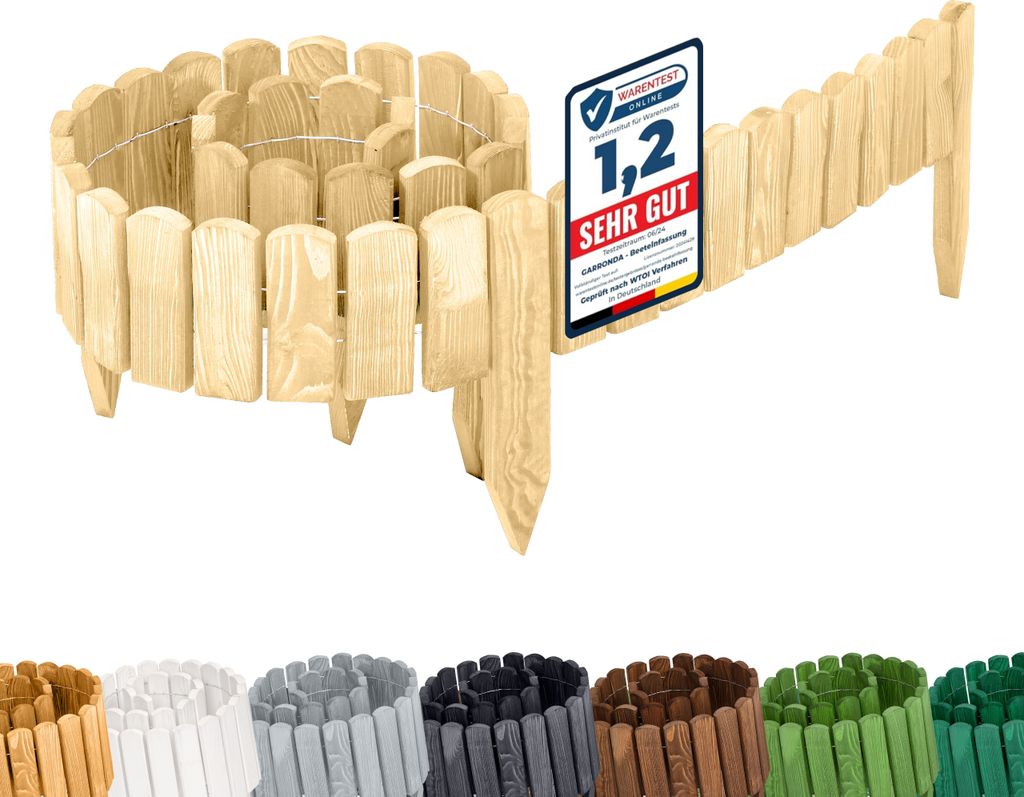 Garronda Rasenkante Holz Beeteimfassung 200 cm x 10 cm Flexibler Rollborder Zaun für Garten GD-0107 (Natural (nicht imprägniert), Höhe: 10 cm)
